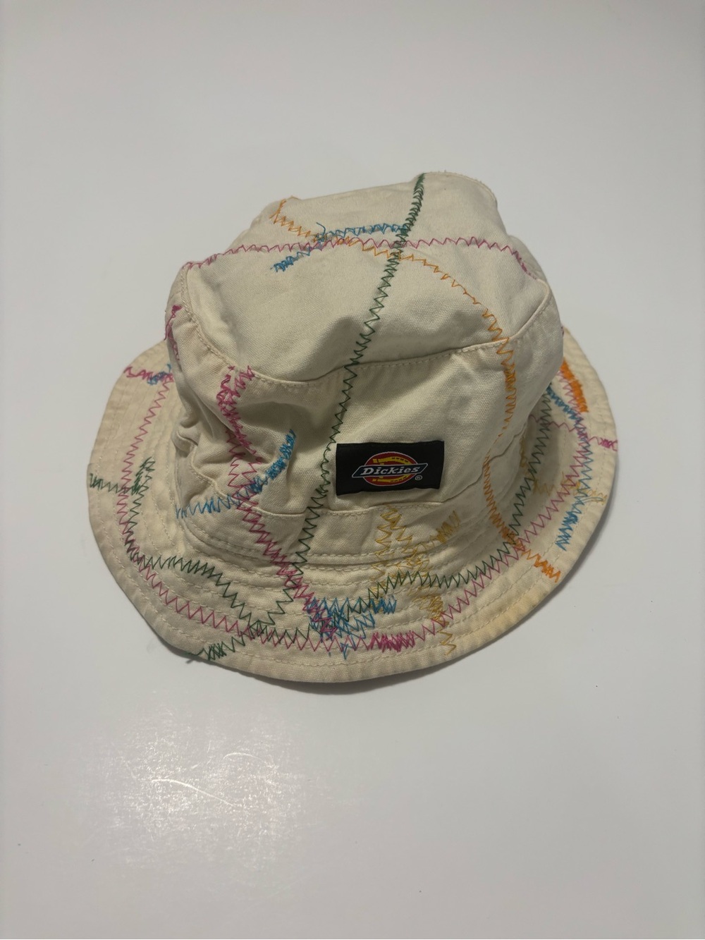 Dickies Bucket Hat Custom Rainbow Zigzag Stitch Reworked Upcycled OSFM Cream